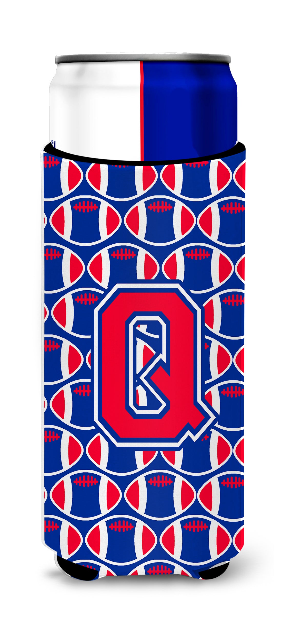 Letter Q Football Crimson and Yale Blue Ultra Beverage Insulators for slim cans CJ1076-QMUK.