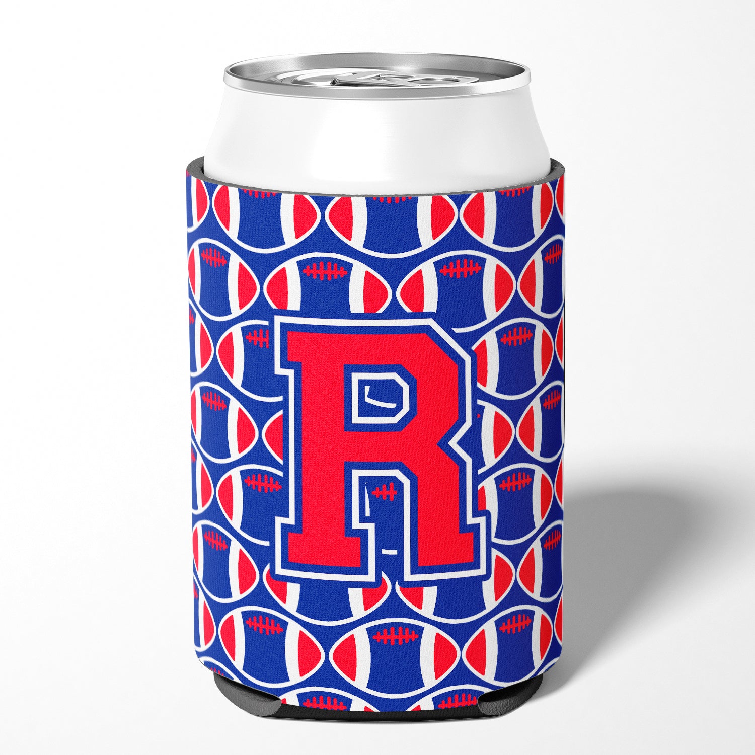 Letter R Football Harvard Crimson and Yale Blue Can or Bottle Hugger CJ1076-RCC.