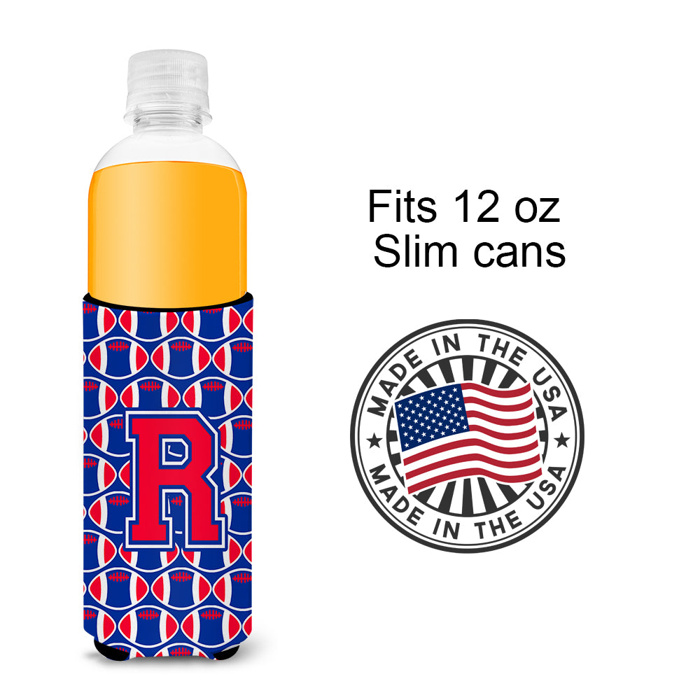 Letter R Football Crimson and Yale Blue Ultra Beverage Insulators for slim cans CJ1076-RMUK.