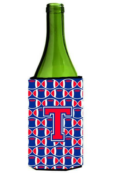 Letter T Football Crimson and Yale Blue Wine Bottle Beverage Insulator Hugger CJ1076-TLITERK by Caroline&#39;s Treasures