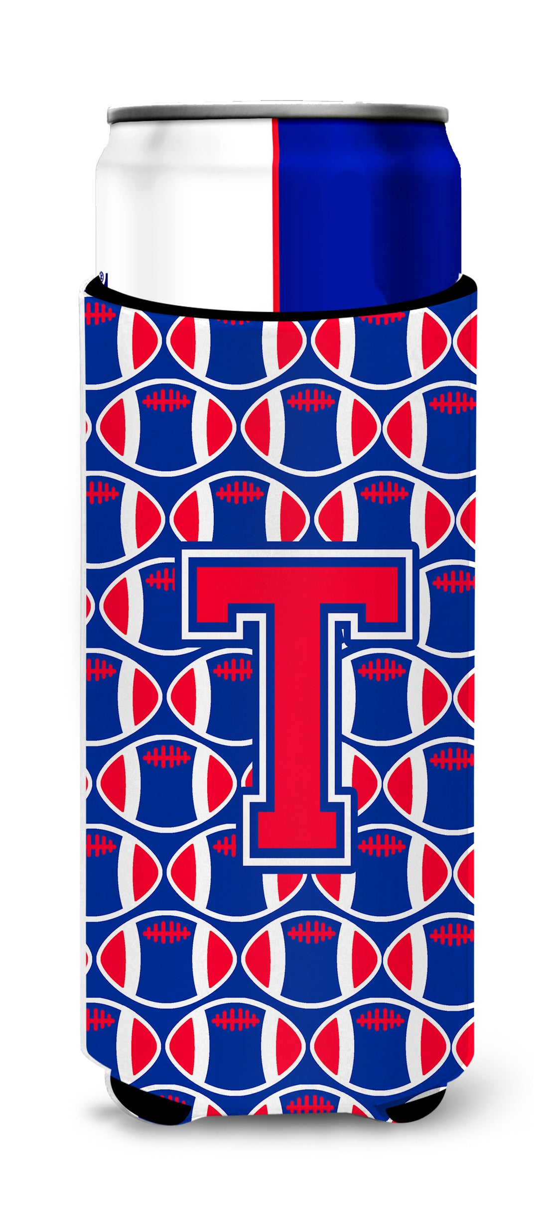 Letter T Football Crimson and Yale Blue Ultra Beverage Insulators for slim cans CJ1076-TMUK