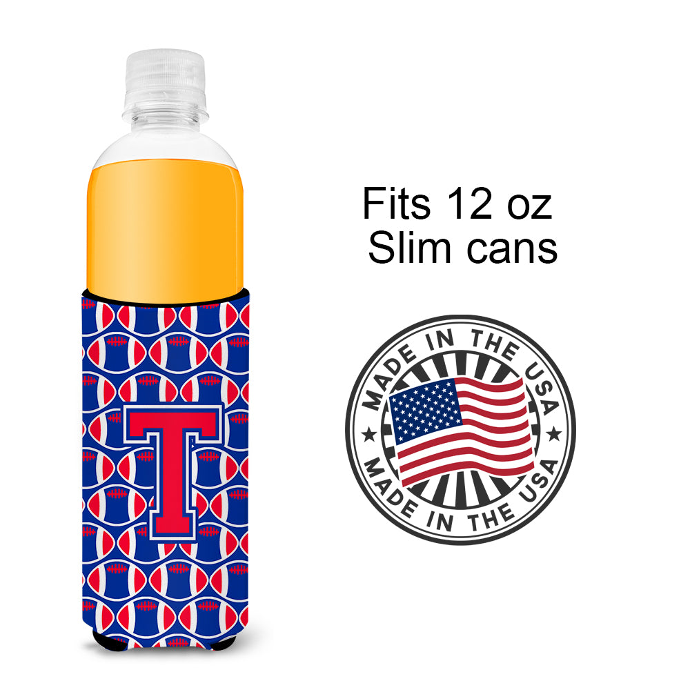 Letter T Football Crimson and Yale Blue Ultra Beverage Insulators for slim cans CJ1076-TMUK.