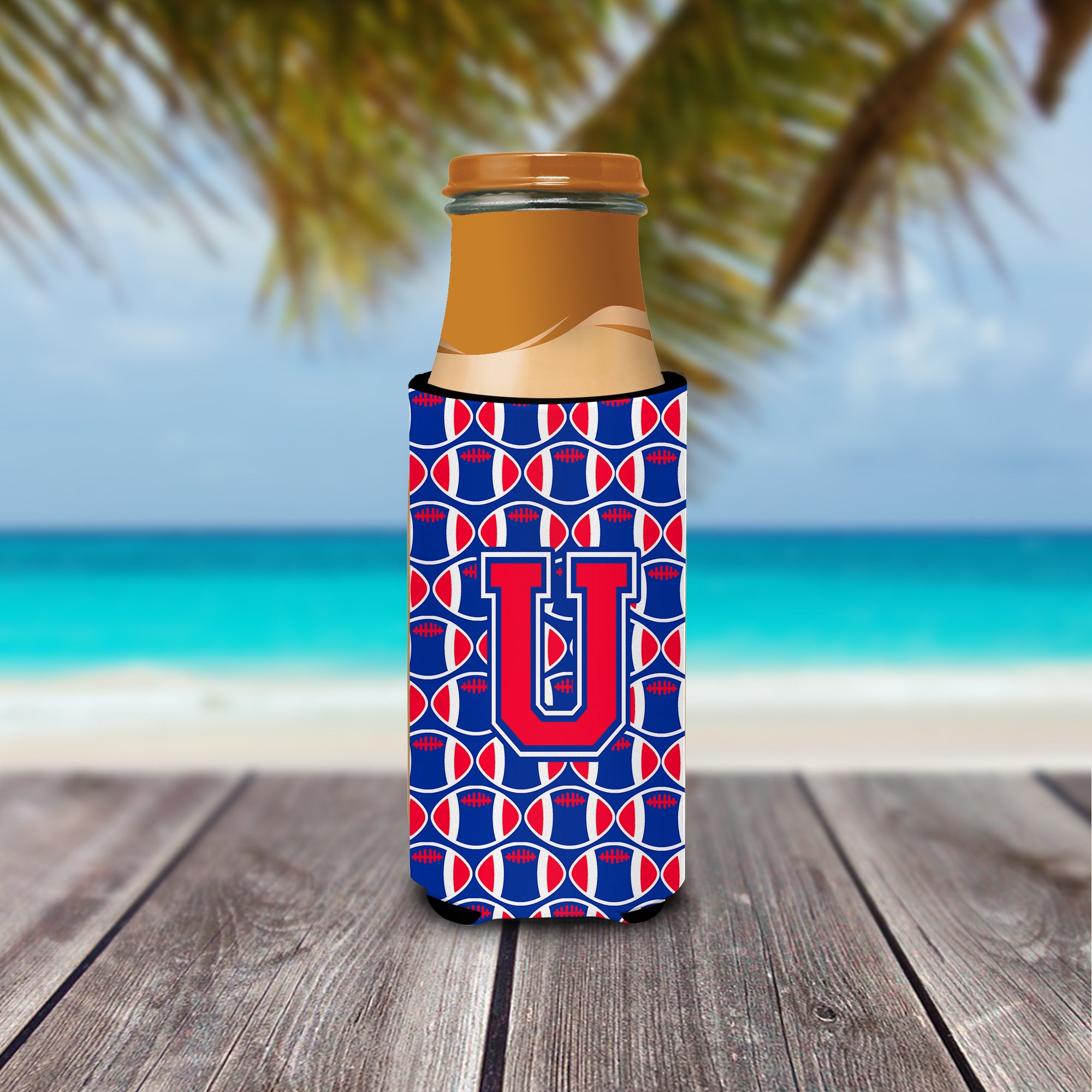 Letter U Football Crimson and Yale Blue Ultra Beverage Insulators for slim cans CJ1076-UMUK