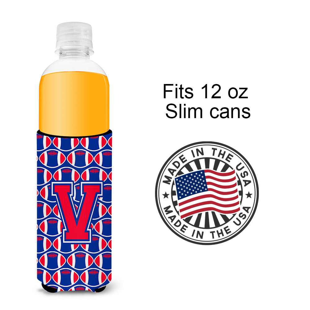 Letter V Football Crimson and Yale Blue Ultra Beverage Insulators for slim cans CJ1076-VMUK.