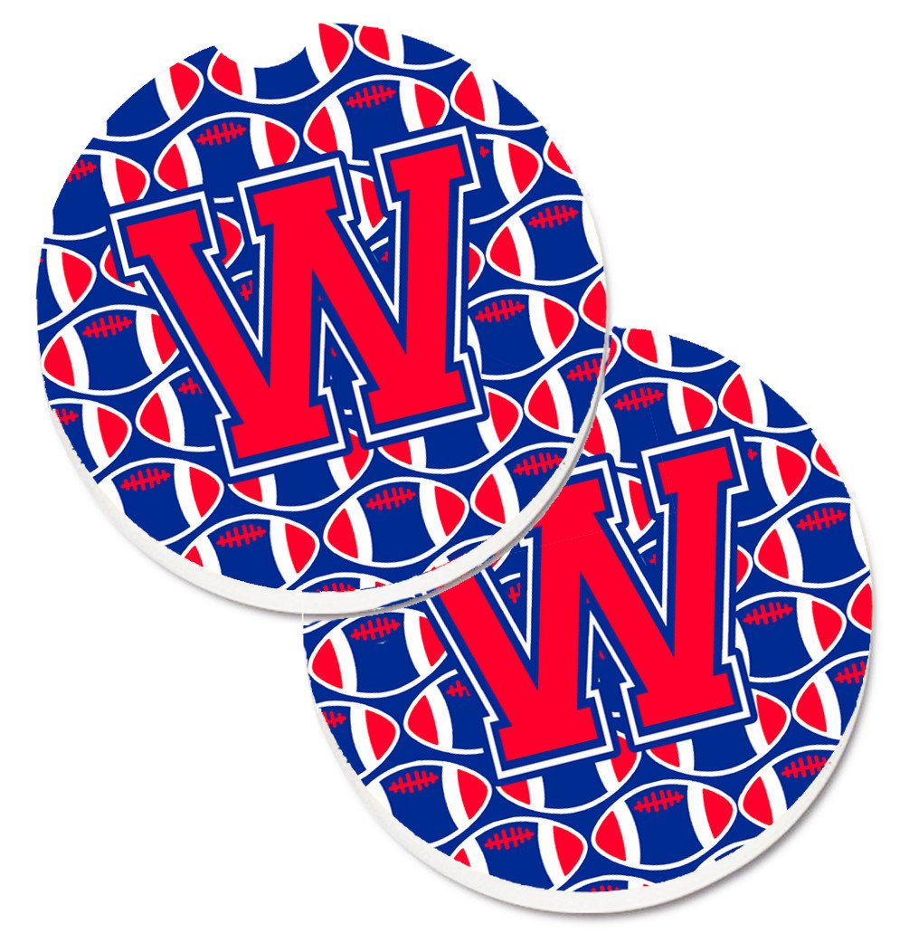Letter W Football Harvard Crimson and Yale Blue Set of 2 Cup Holder Car Coasters CJ1076-WCARC by Caroline&#39;s Treasures