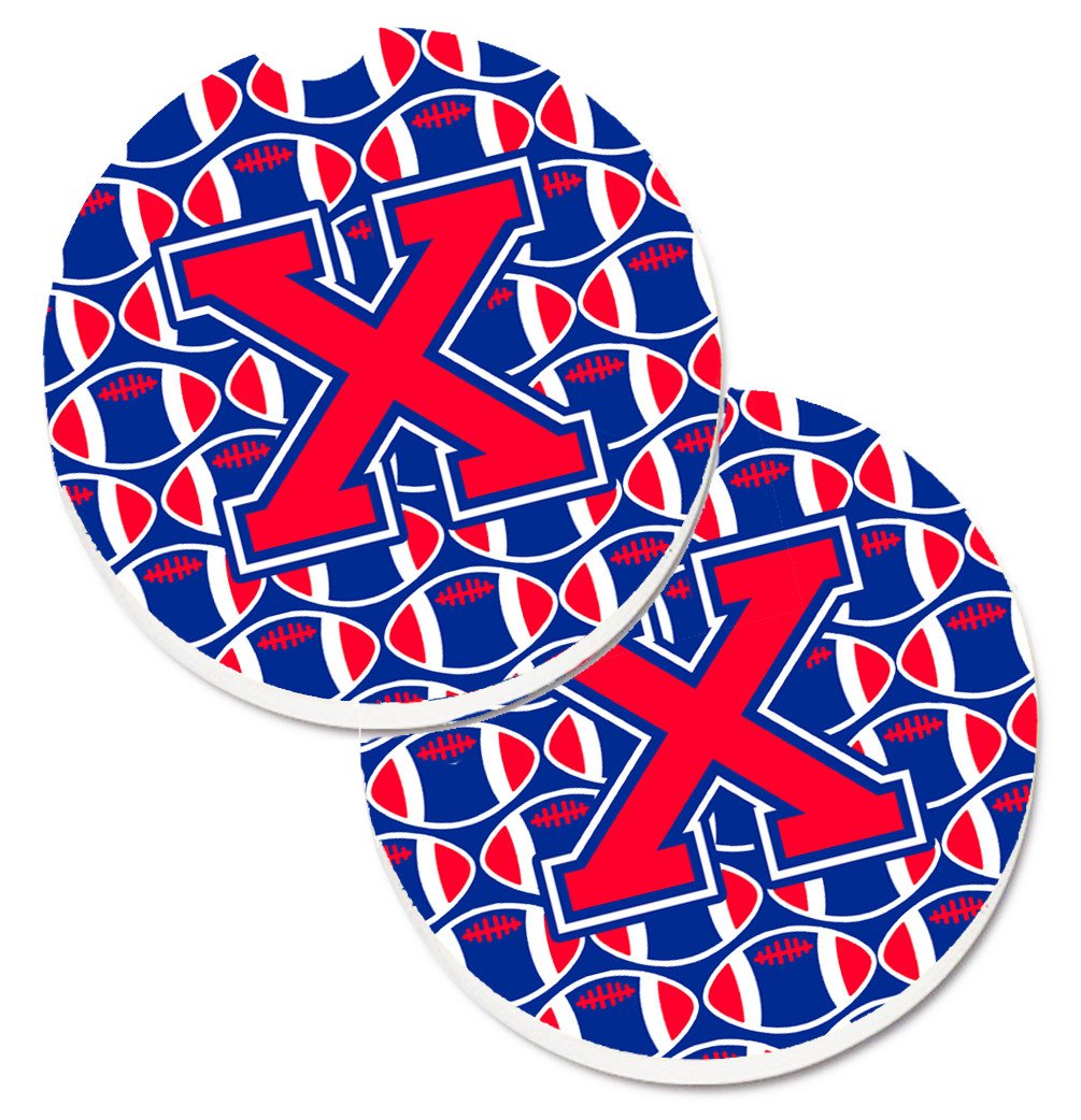 Letter X Football Harvard Crimson and Yale Blue Set of 2 Cup Holder Car Coasters CJ1076-XCARC by Caroline&#39;s Treasures