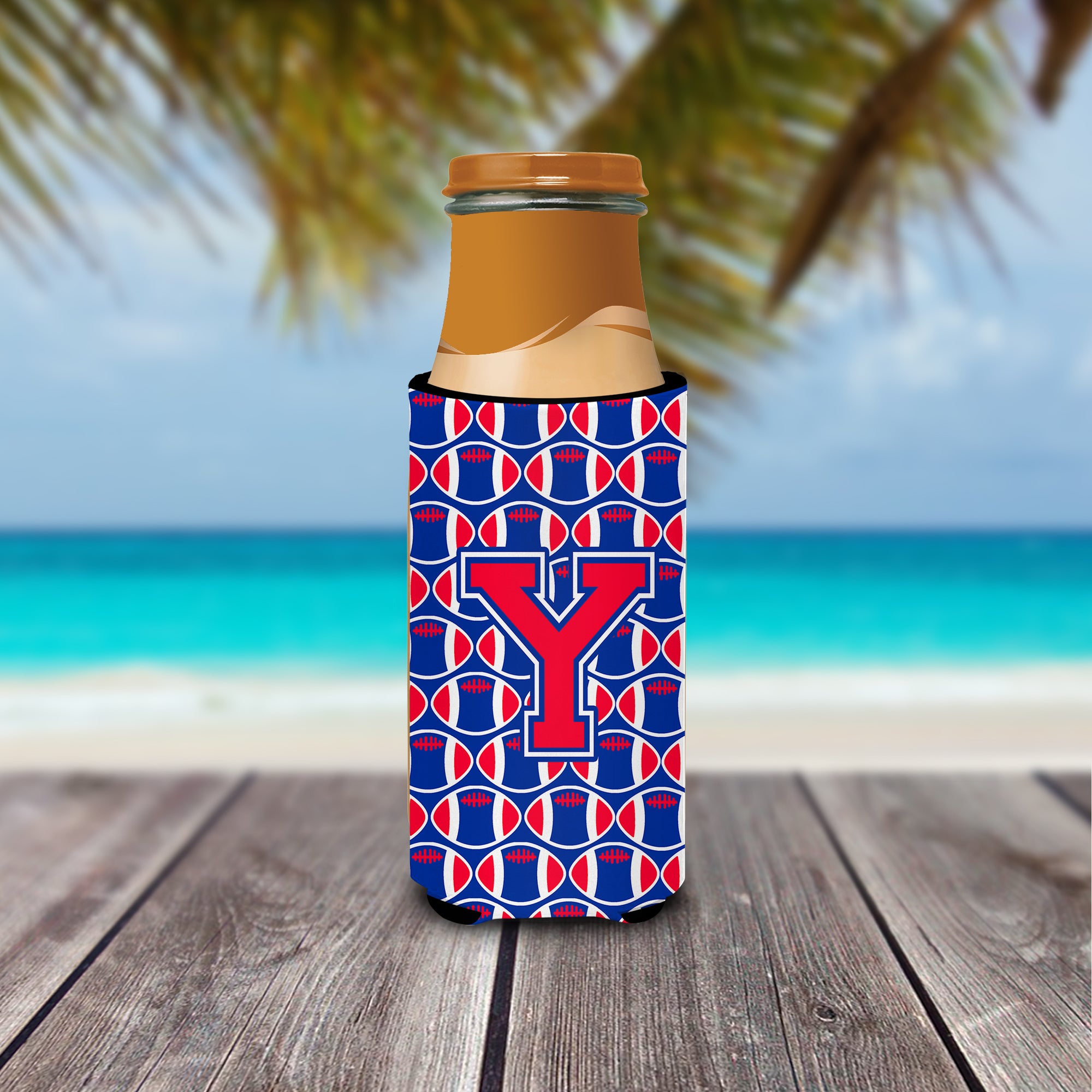 Letter Y Football Crimson and Yale Blue Ultra Beverage Insulators for slim cans CJ1076-YMUK.