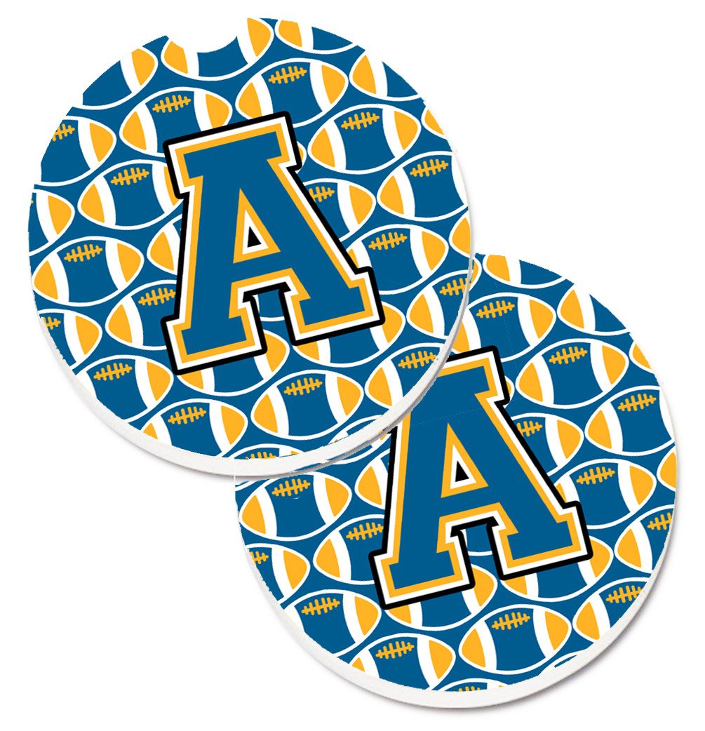 Letter A Football Blue and Gold Set of 2 Cup Holder Car Coasters CJ1077-ACARC by Caroline&#39;s Treasures