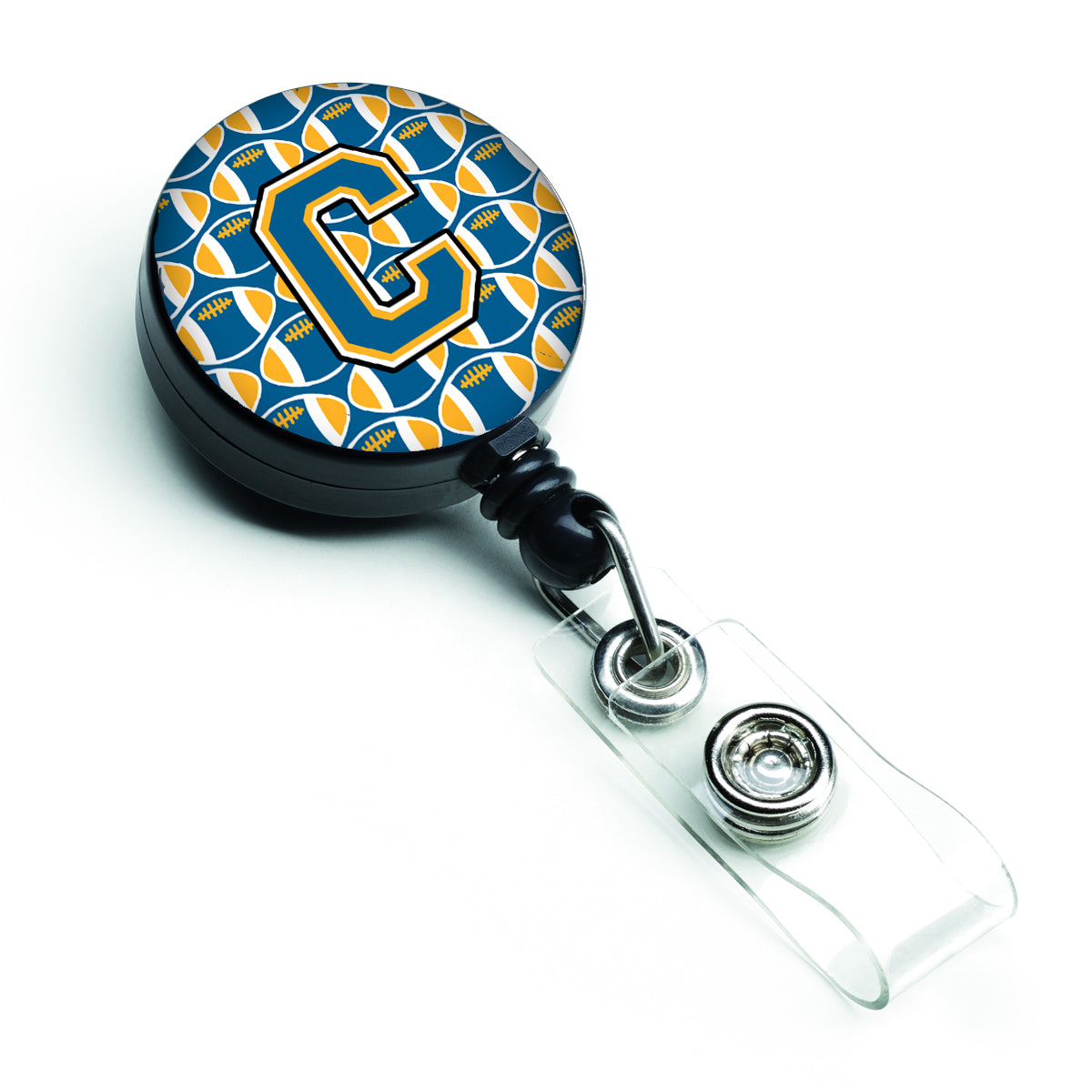 Letter C Football Blue and Gold Retractable Badge Reel CJ1077-CBR.