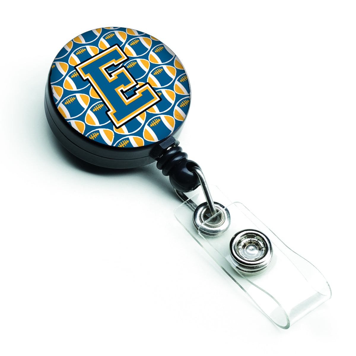 Letter E Football Blue and Gold Retractable Badge Reel CJ1077-EBR