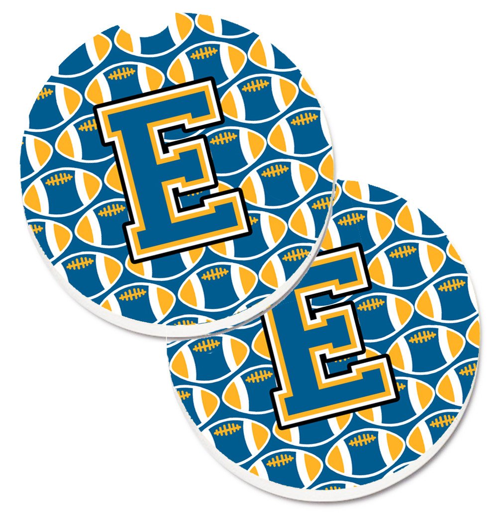 Letter E Football Blue and Gold Set of 2 Cup Holder Car Coasters CJ1077-ECARC by Caroline's Treasures
