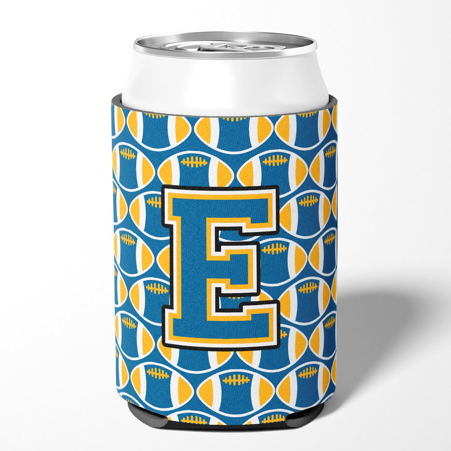 Letter E Football Blue and Gold Can or Bottle Hugger CJ1077-ECC.