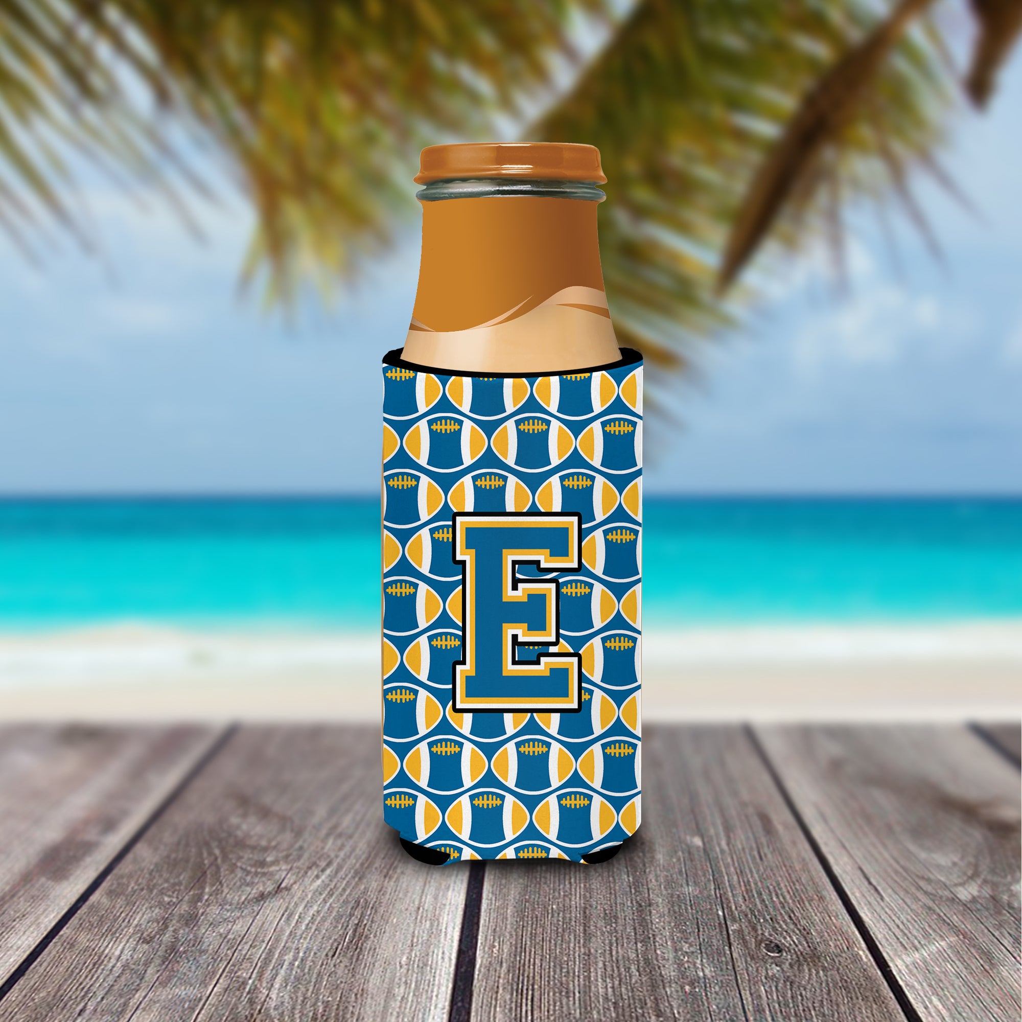 Letter E Football Blue and Gold Ultra Beverage Insulators for slim cans CJ1077-EMUK.