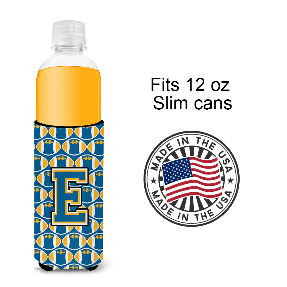 Letter E Football Blue and Gold Ultra Beverage Insulators for slim cans CJ1077-EMUK.