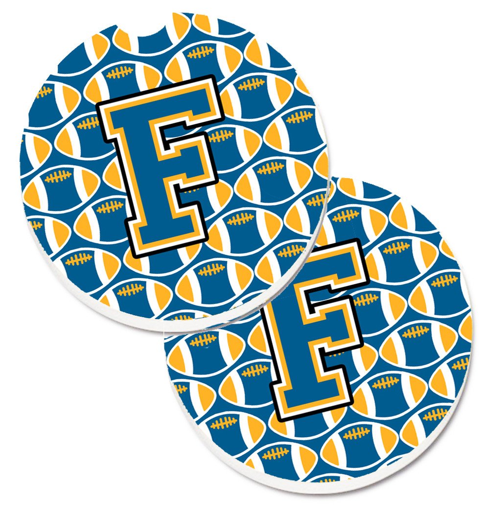 Letter F Football Blue and Gold Set of 2 Cup Holder Car Coasters CJ1077-FCARC by Caroline&#39;s Treasures