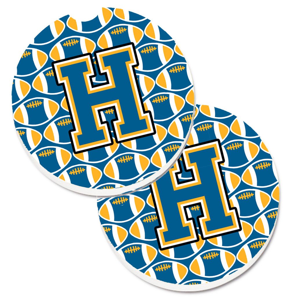 Letter H Football Blue and Gold Set of 2 Cup Holder Car Coasters CJ1077-HCARC by Caroline&#39;s Treasures