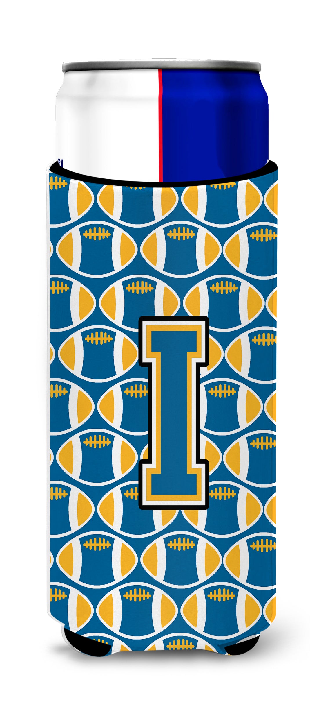 Letter I Football Blue and Gold Ultra Beverage Insulators for slim cans CJ1077-IMUK