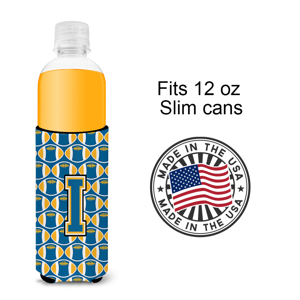 Letter I Football Blue and Gold Ultra Beverage Insulators for slim cans CJ1077-IMUK.