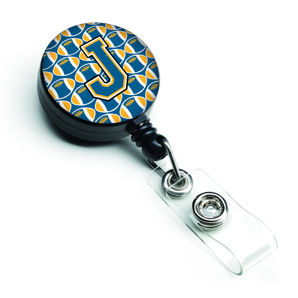 Letter J Football Blue and Gold Retractable Badge Reel CJ1077-JBR