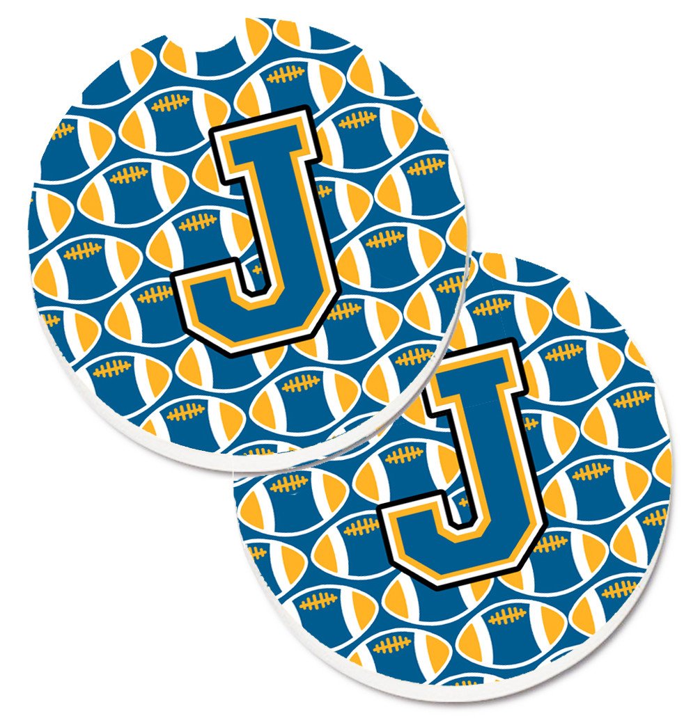 Letter J Football Blue and Gold Set of 2 Cup Holder Car Coasters CJ1077-JCARC by Caroline's Treasures