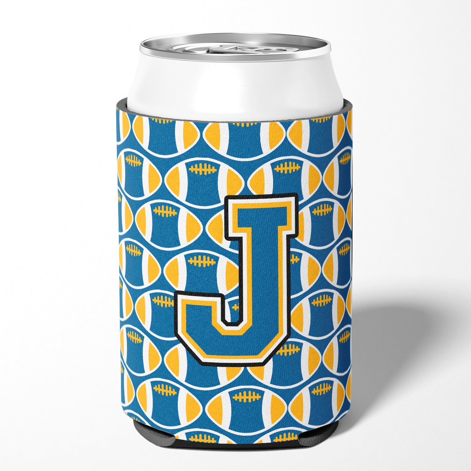 Letter J Football Blue and Gold Can or Bottle Hugger CJ1077-JCC.