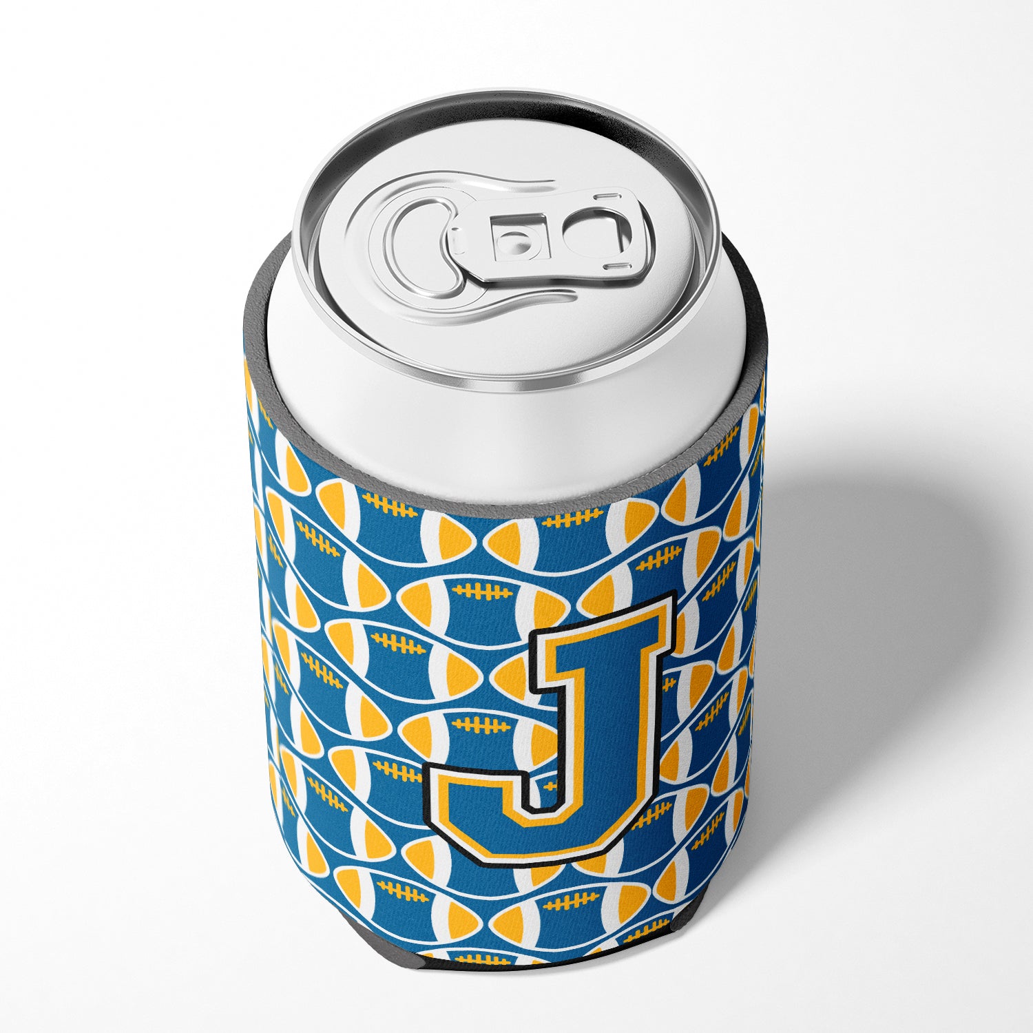 Letter J Football Blue and Gold Can or Bottle Hugger CJ1077-JCC