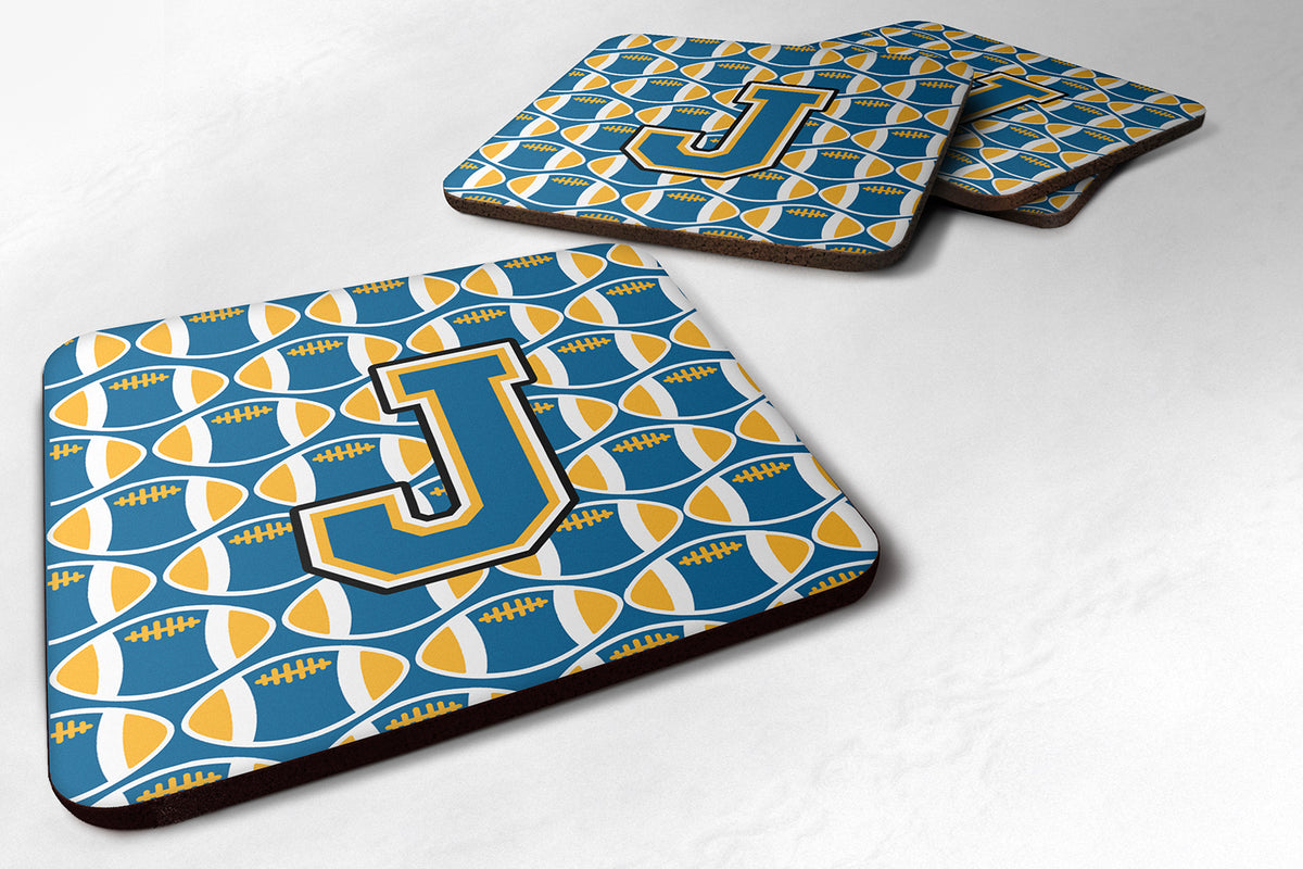 Letter J Football Blue and Gold Foam Coaster Set of 4 CJ1077-JFC - the-store.com