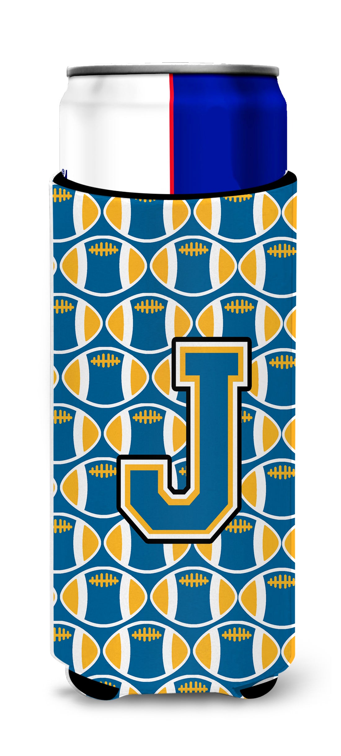 Letter J Football Blue and Gold Ultra Beverage Insulators for slim cans CJ1077-JMUK