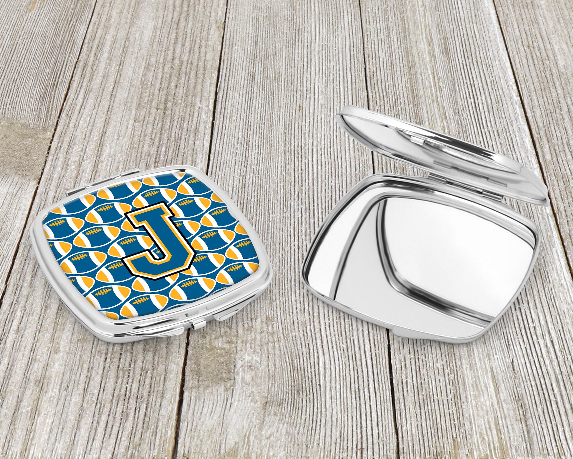 Letter J Football Blue and Gold Compact Mirror CJ1077-JSCM