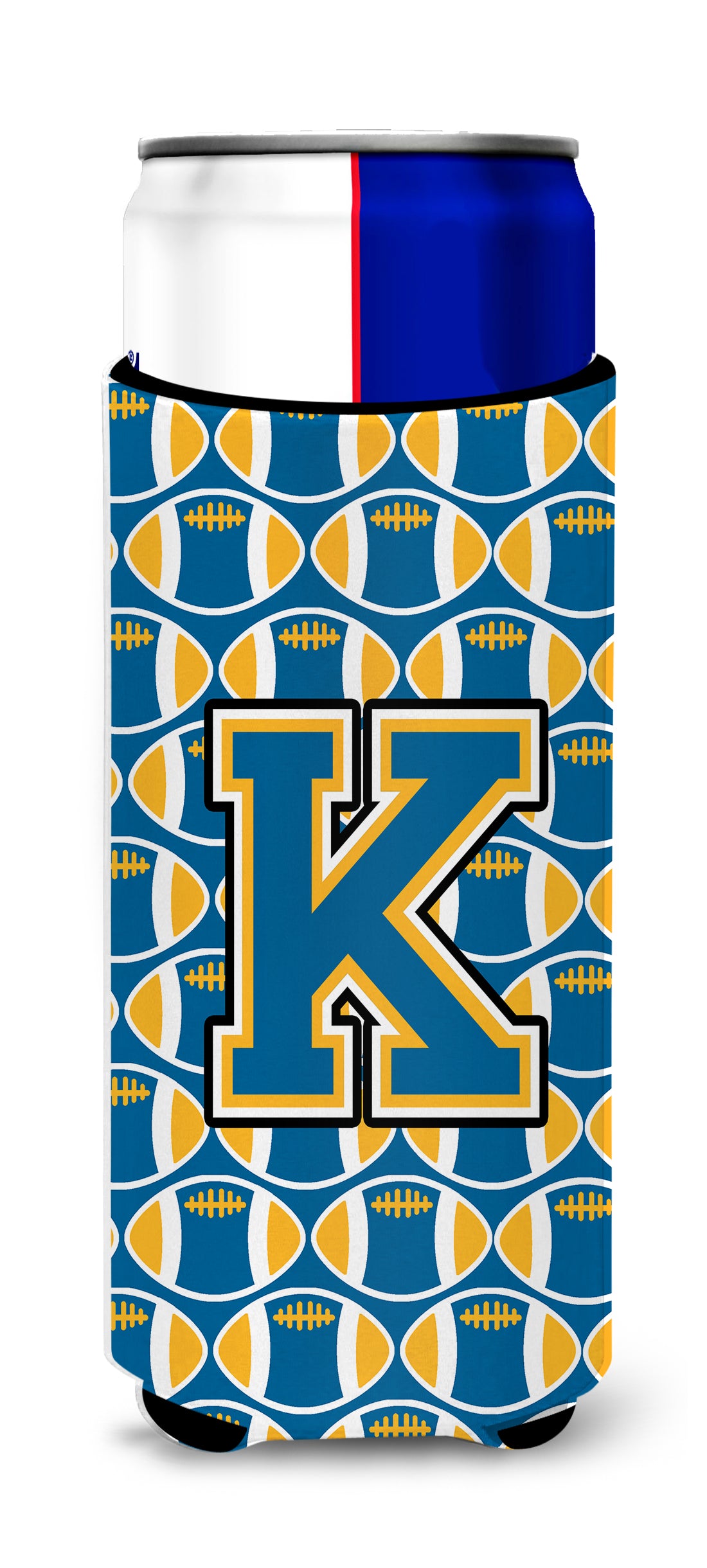 Letter K Football Blue and Gold Ultra Beverage Insulators for slim cans CJ1077-KMUK.