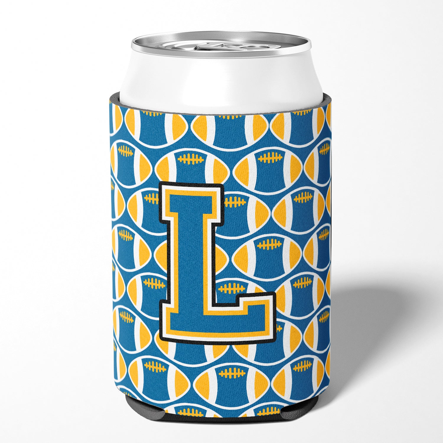 Letter L Football Blue and Gold Can or Bottle Hugger CJ1077-LCC.