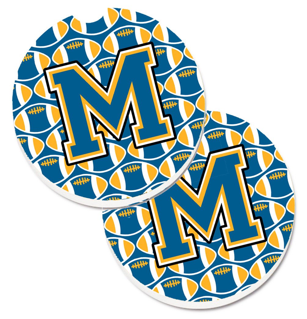 Letter M Football Blue and Gold Set of 2 Cup Holder Car Coasters CJ1077-MCARC by Caroline&#39;s Treasures