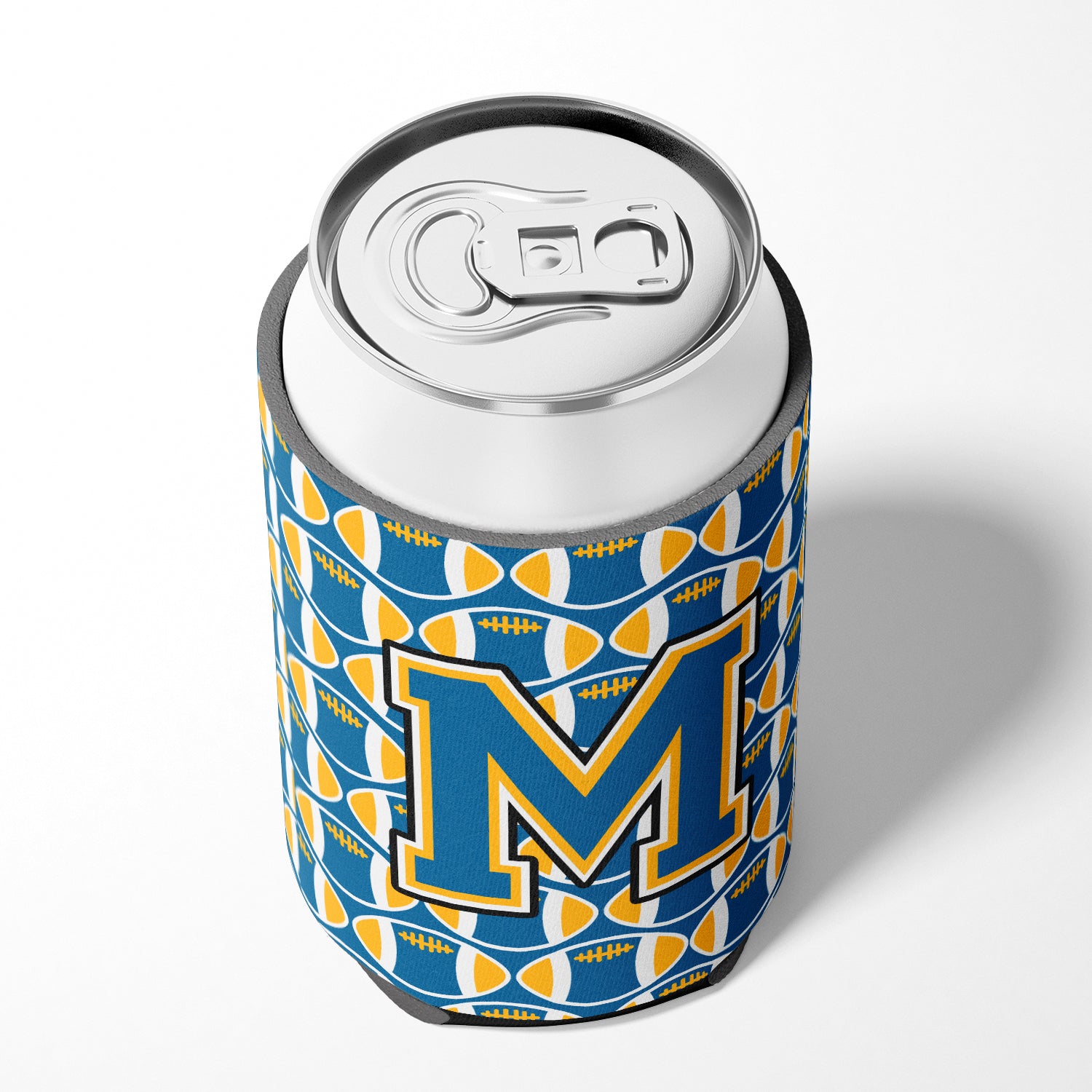 Letter M Football Blue and Gold Can or Bottle Hugger CJ1077-MCC.