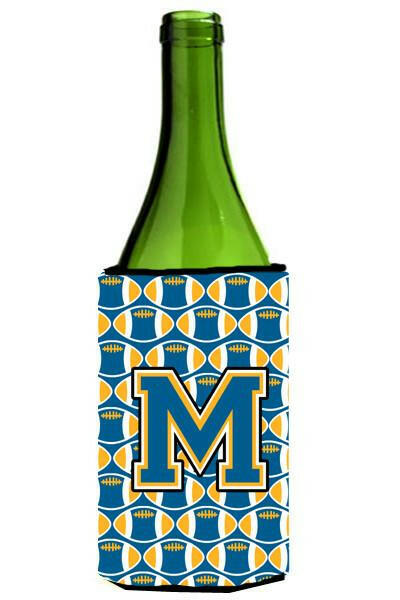 Letter M Football Blue and Gold Wine Bottle Beverage Insulator Hugger CJ1077-MLITERK by Caroline&#39;s Treasures
