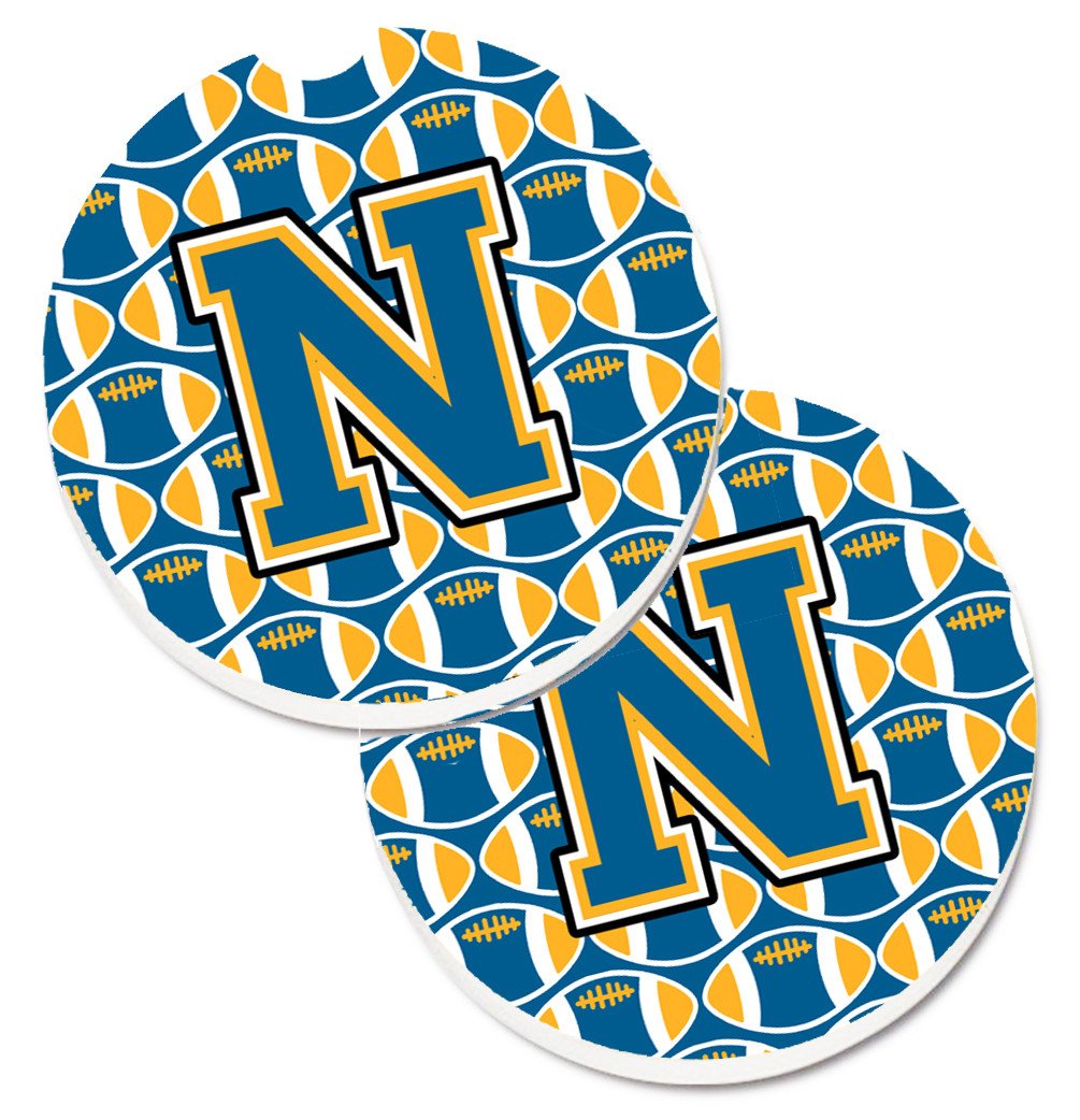 Letter N Football Blue and Gold Set of 2 Cup Holder Car Coasters CJ1077-NCARC by Caroline&#39;s Treasures