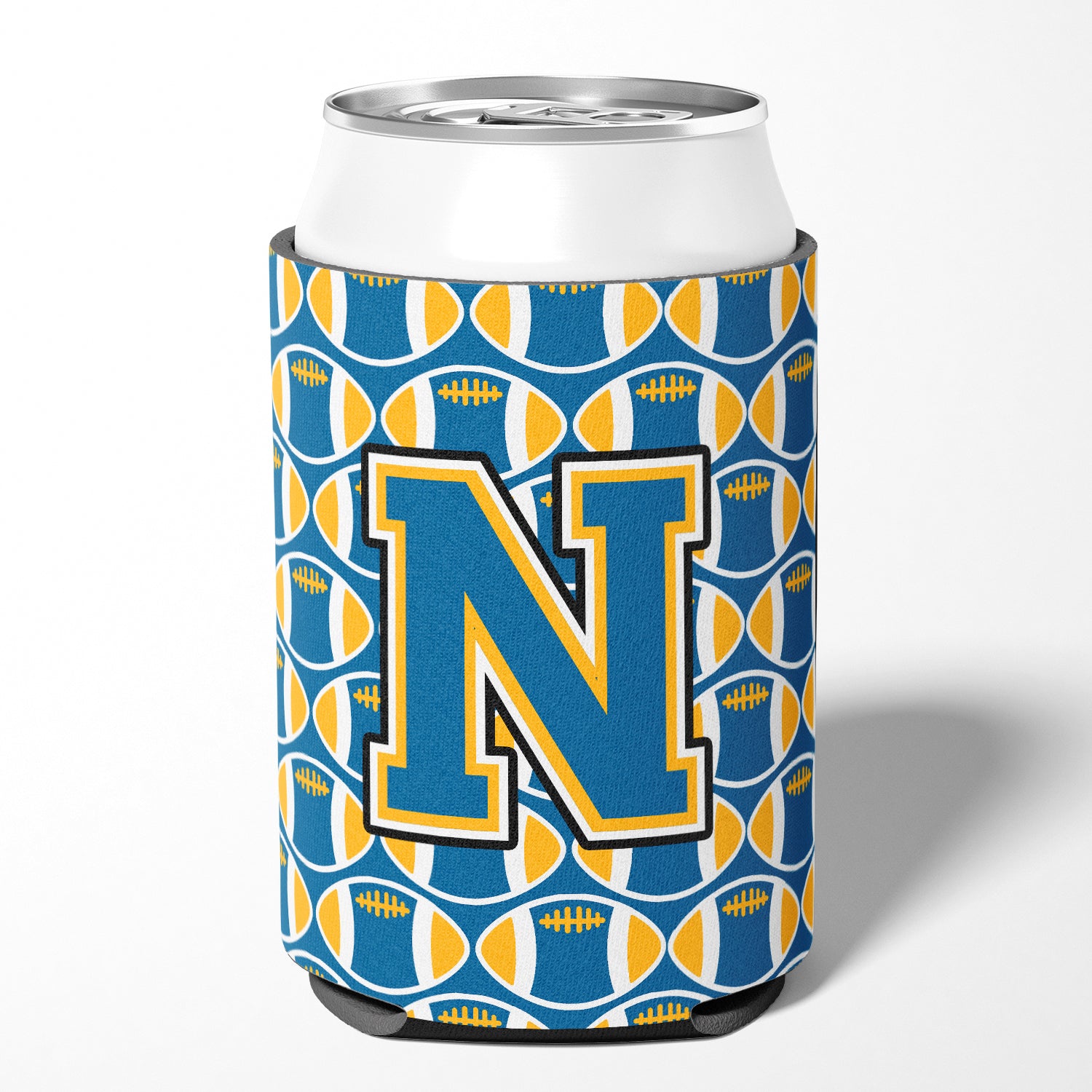 Letter N Football Blue and Gold Can or Bottle Hugger CJ1077-NCC.