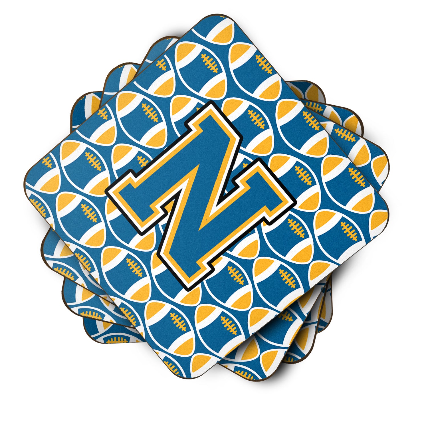 Letter N Football Blue and Gold Foam Coaster Set of 4 CJ1077-NFC - the-store.com