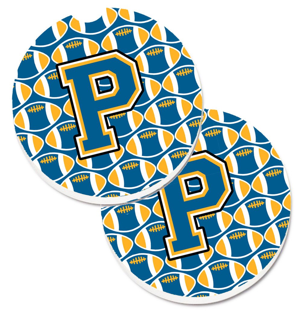 Letter P Football Blue and Gold Set of 2 Cup Holder Car Coasters CJ1077-PCARC by Caroline&#39;s Treasures