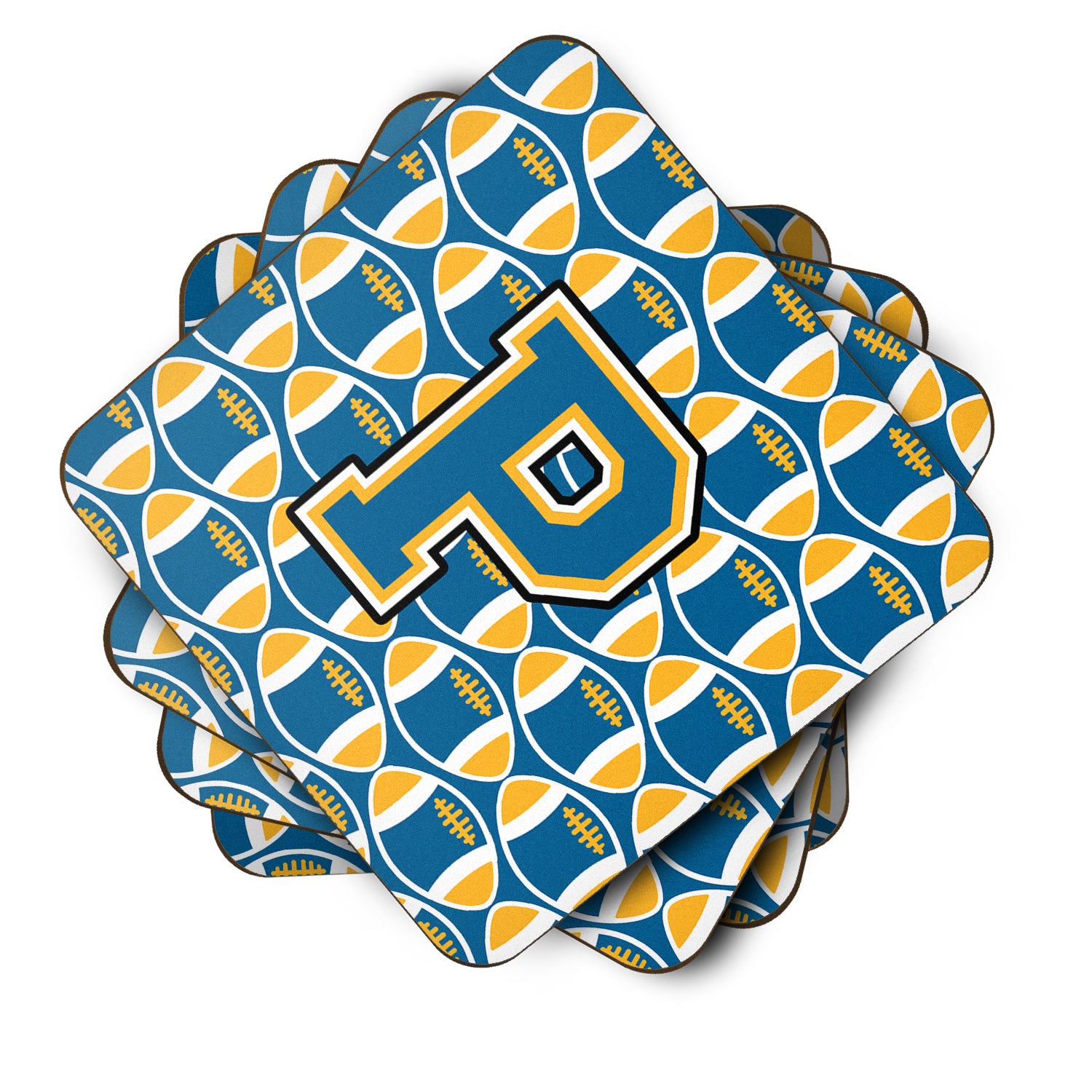 Letter P Football Blue and Gold Foam Coaster Set of 4 CJ1077-PFC - the-store.com