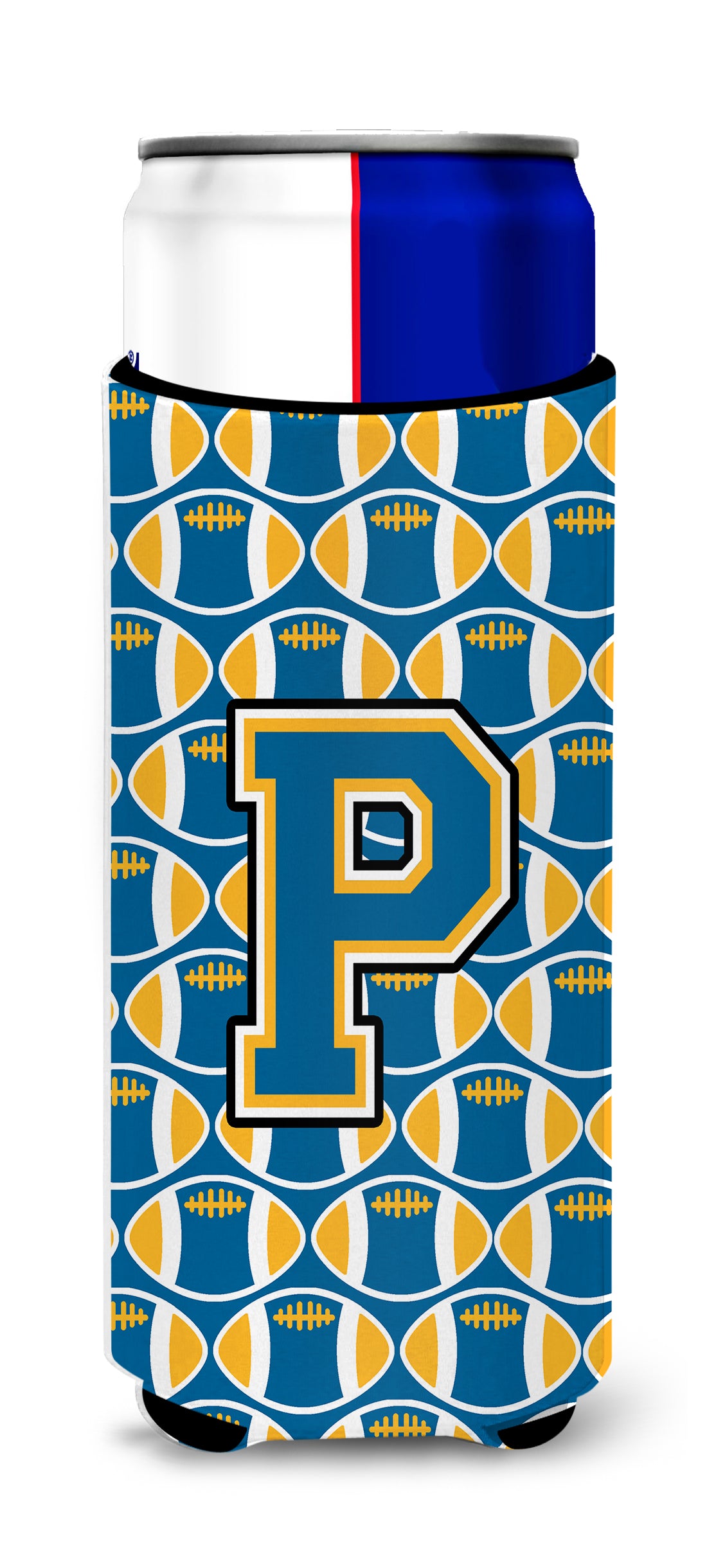 Letter P Football Blue and Gold Ultra Beverage Insulators for slim cans CJ1077-PMUK.