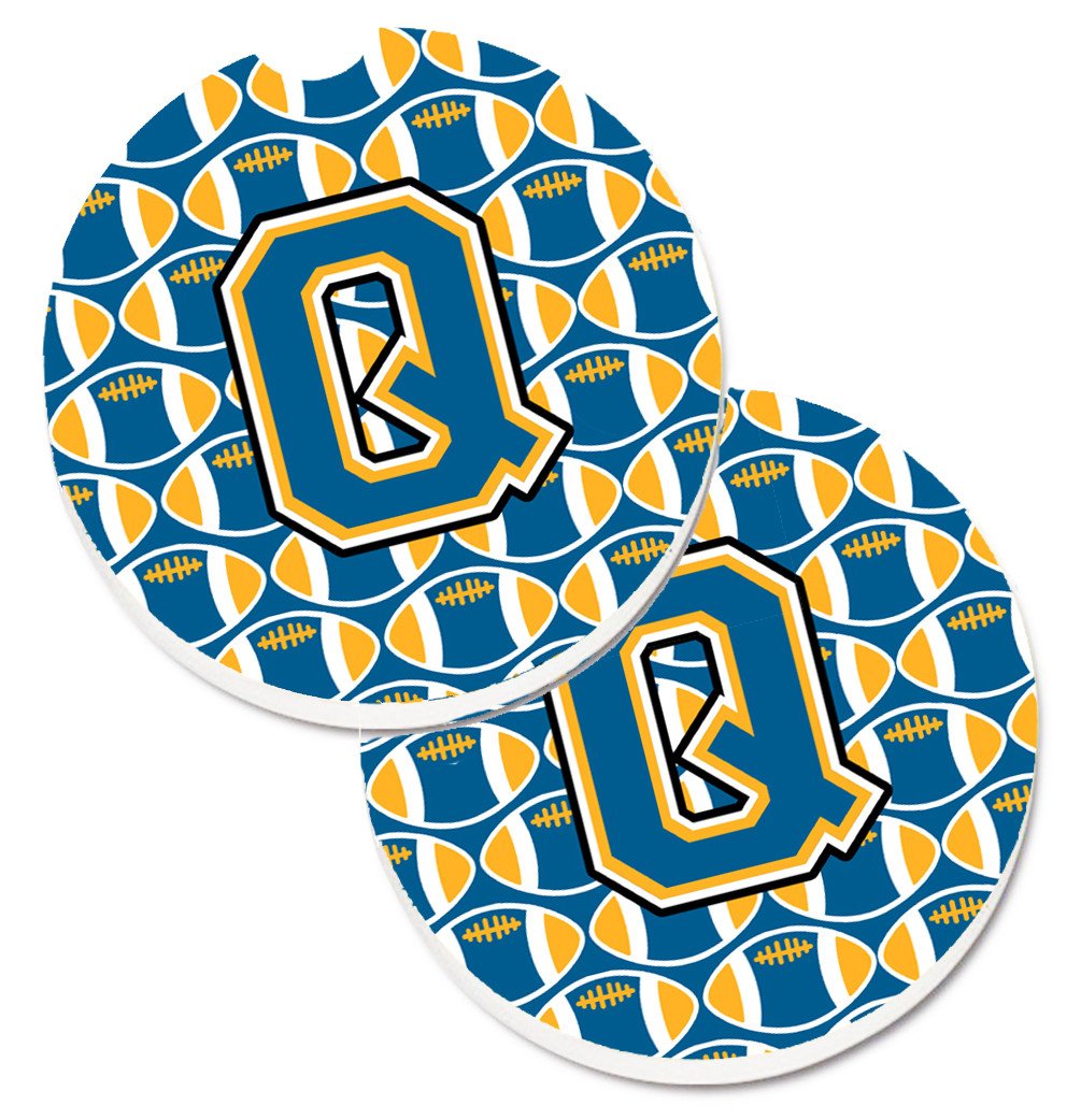 Letter Q Football Blue and Gold Set of 2 Cup Holder Car Coasters CJ1077-QCARC by Caroline&#39;s Treasures