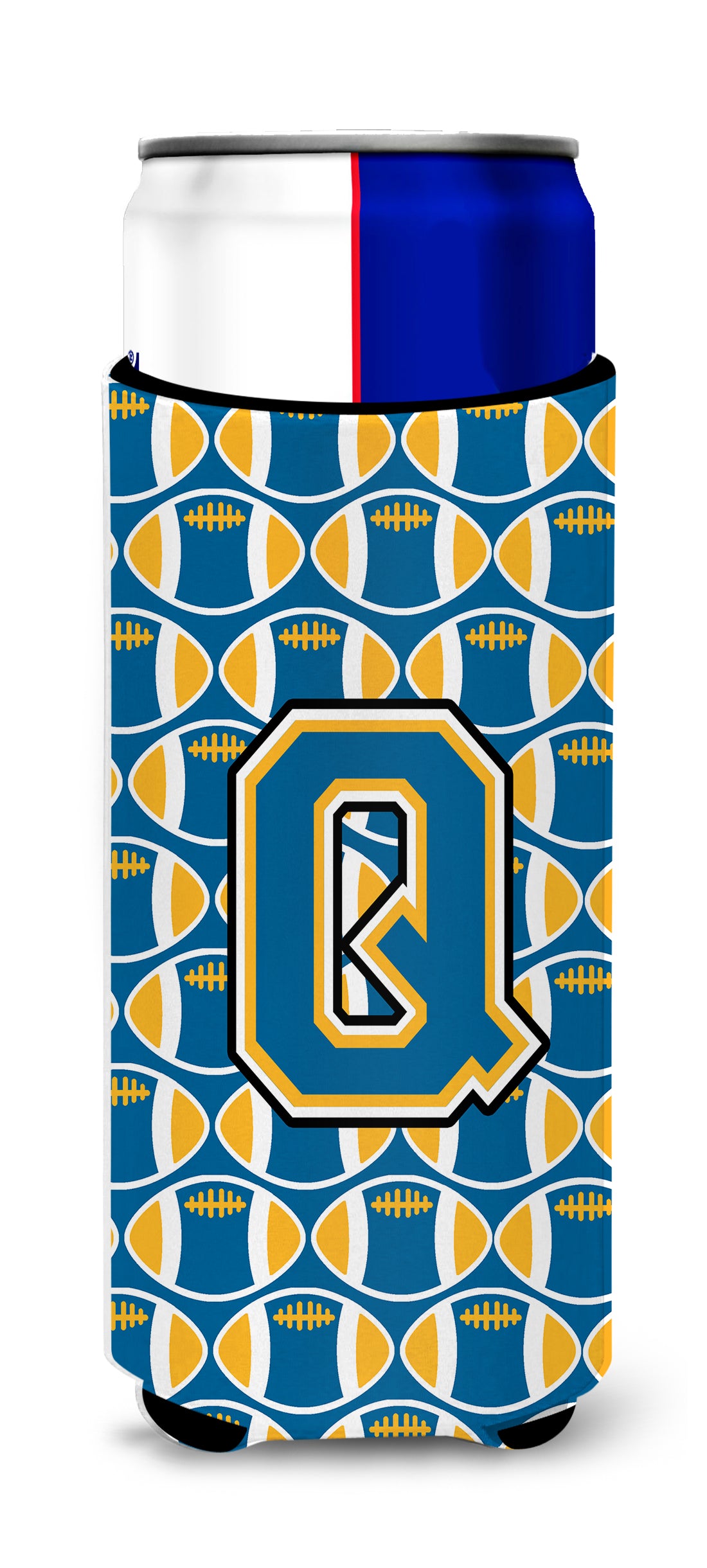 Letter Q Football Blue and Gold Ultra Beverage Insulators for slim cans CJ1077-QMUK.