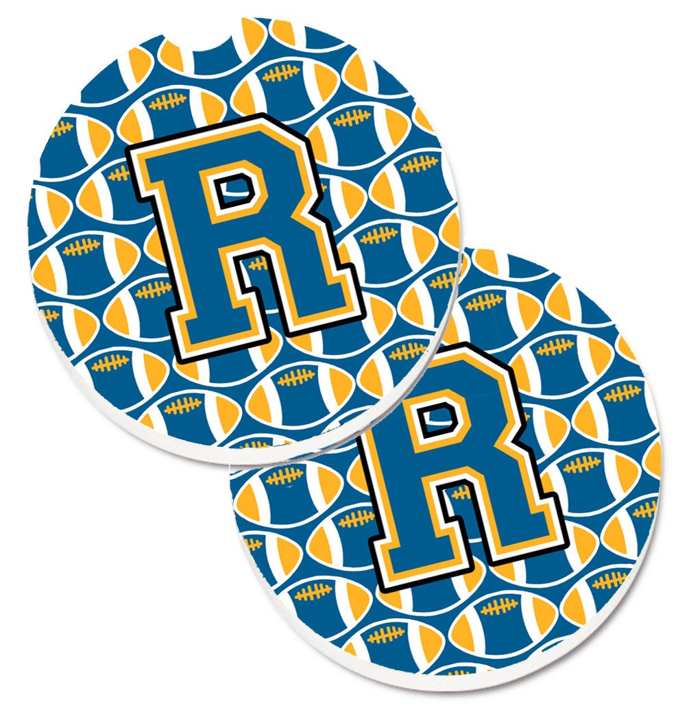 Letter R Football Blue and Gold Set of 2 Cup Holder Car Coasters CJ1077-RCARC by Caroline's Treasures