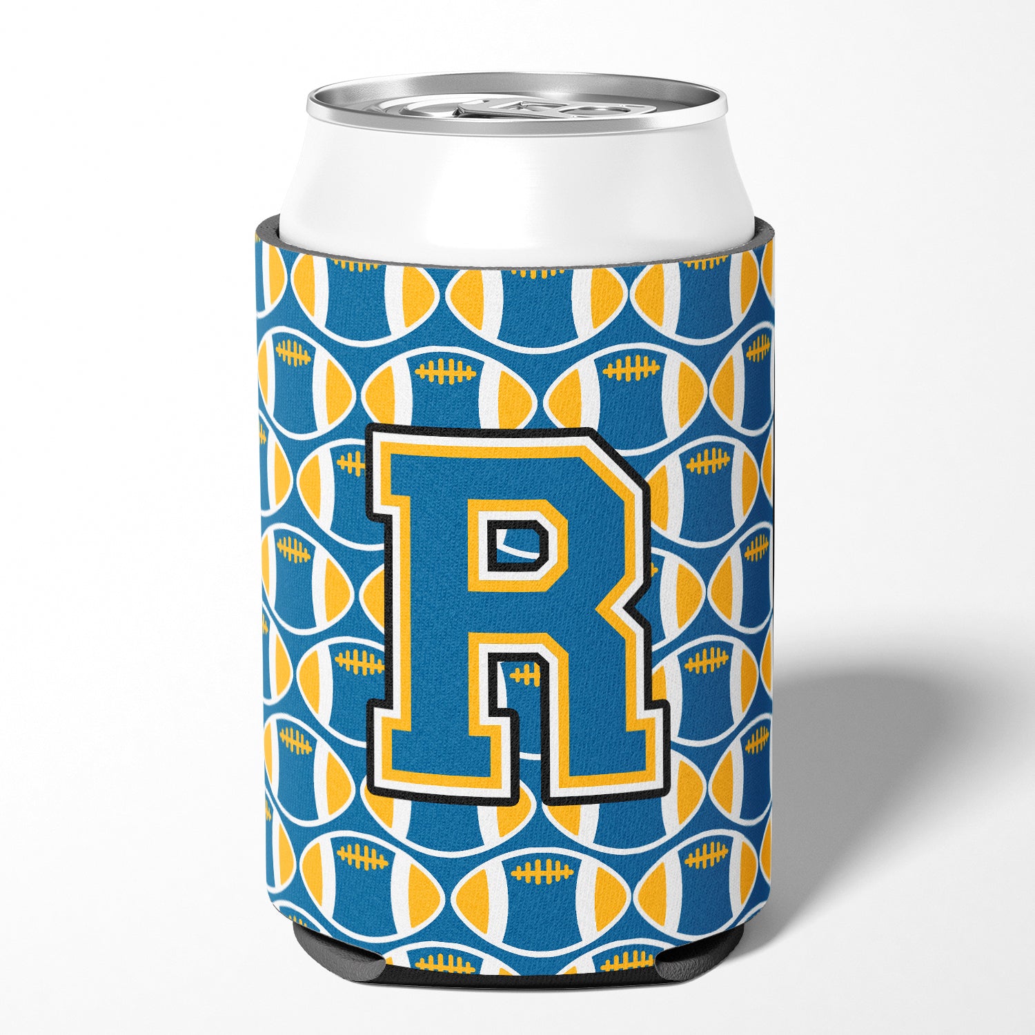 Letter R Football Blue and Gold Can or Bottle Hugger CJ1077-RCC.