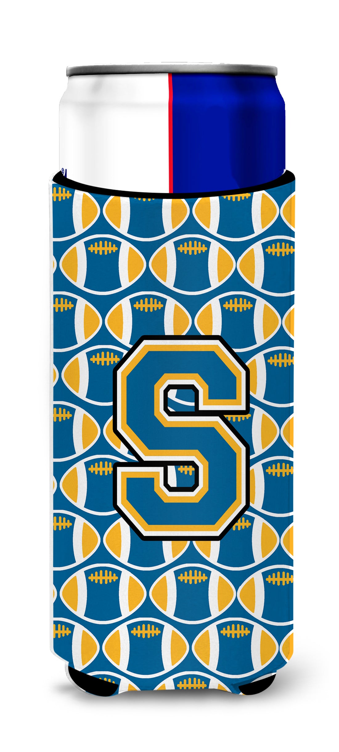 Letter S Football Blue and Gold Ultra Beverage Insulators for slim cans CJ1077-SMUK.