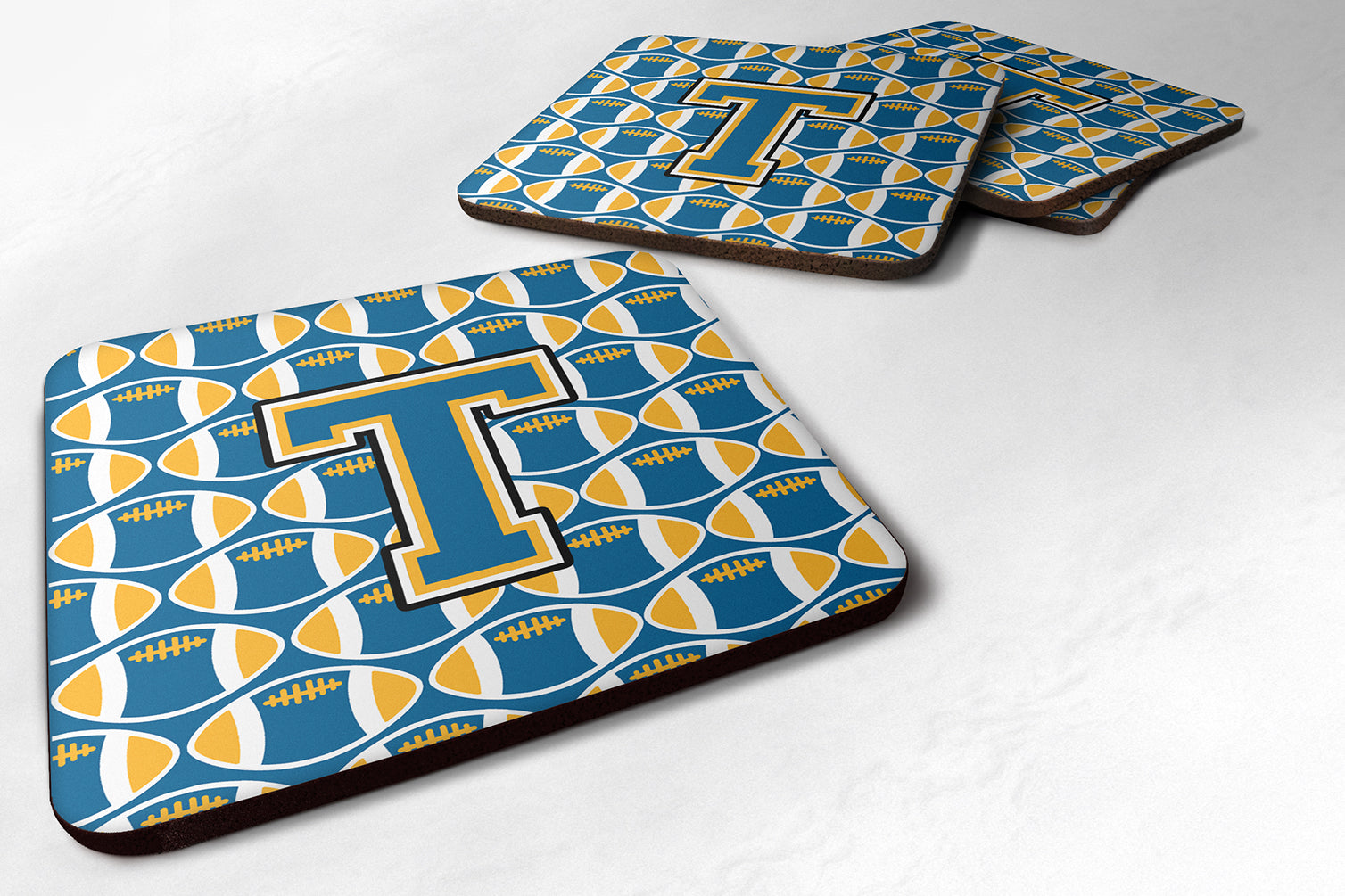 Letter T Football Blue and Gold Foam Coaster Set of 4 CJ1077-TFC - the-store.com