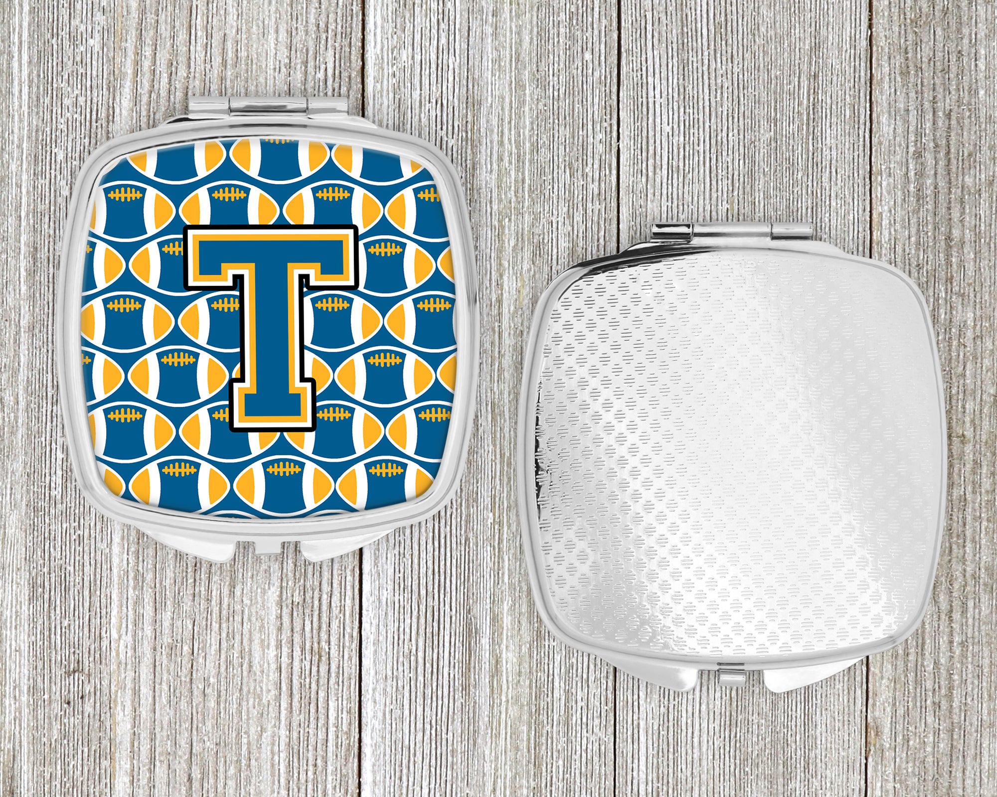 Letter T Football Blue and Gold Compact Mirror CJ1077-TSCM
