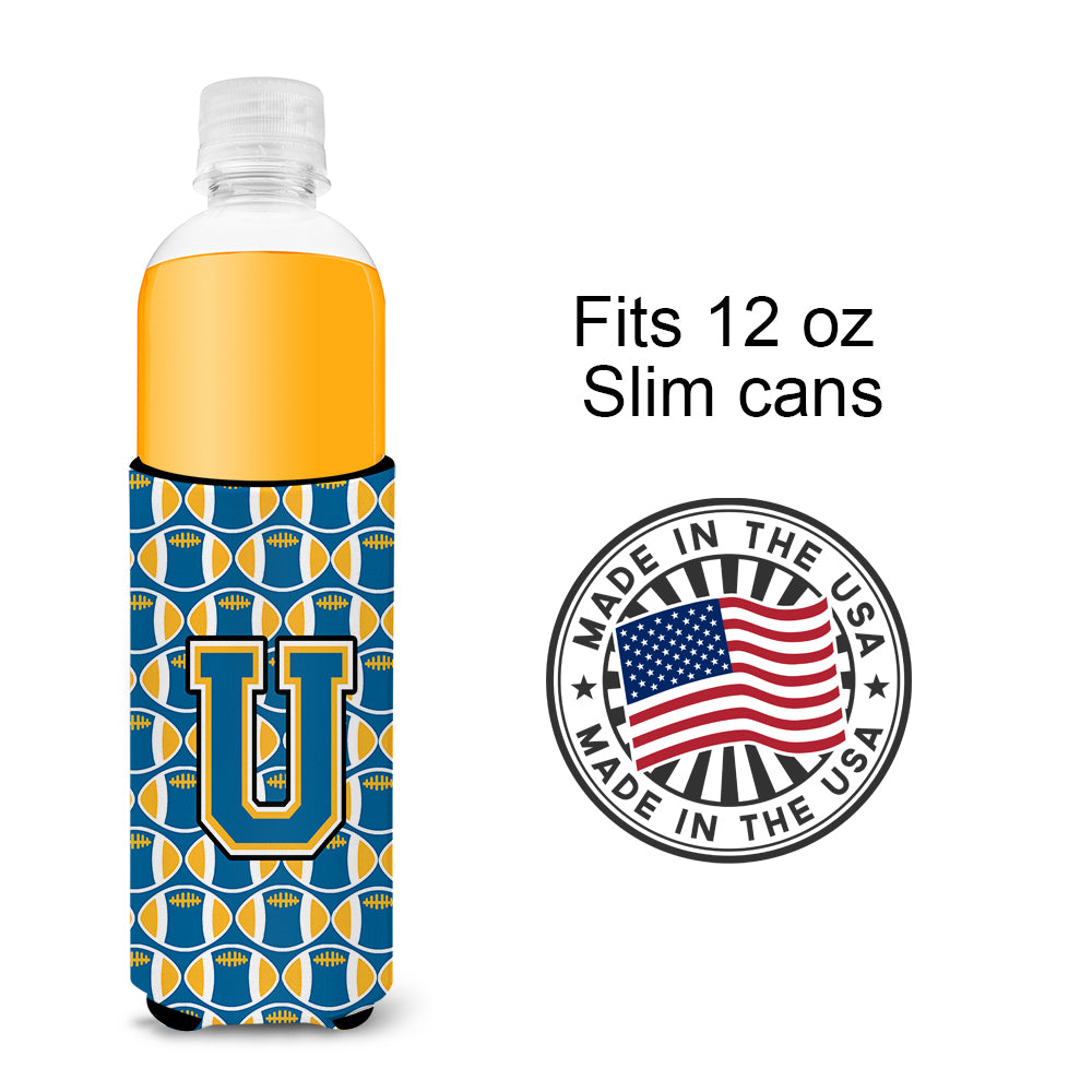 Letter U Football Blue and Gold Ultra Beverage Insulators for slim cans CJ1077-UMUK