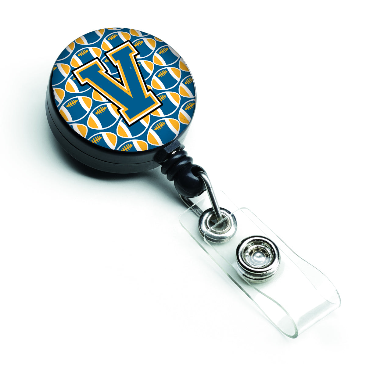 Letter V Football Blue and Gold Retractable Badge Reel CJ1077-VBR.