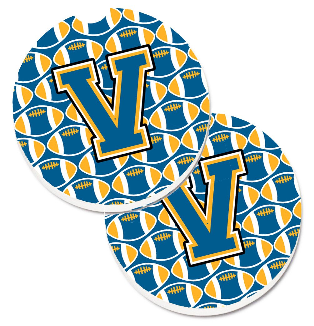 Letter V Football Blue and Gold Set of 2 Cup Holder Car Coasters CJ1077-VCARC by Caroline&#39;s Treasures